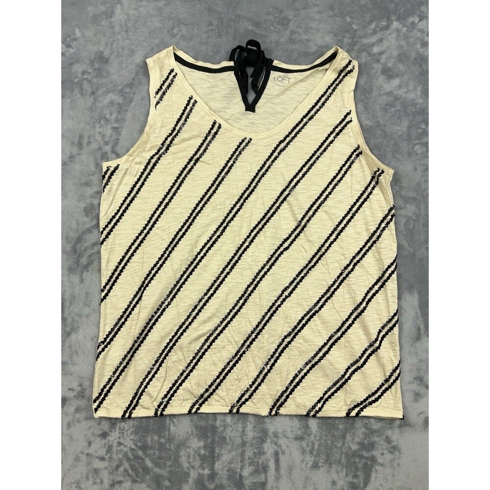 Ann Taylor LOFT Sequin Striped Tank Top Womens Sz Large Cream Black Burnout